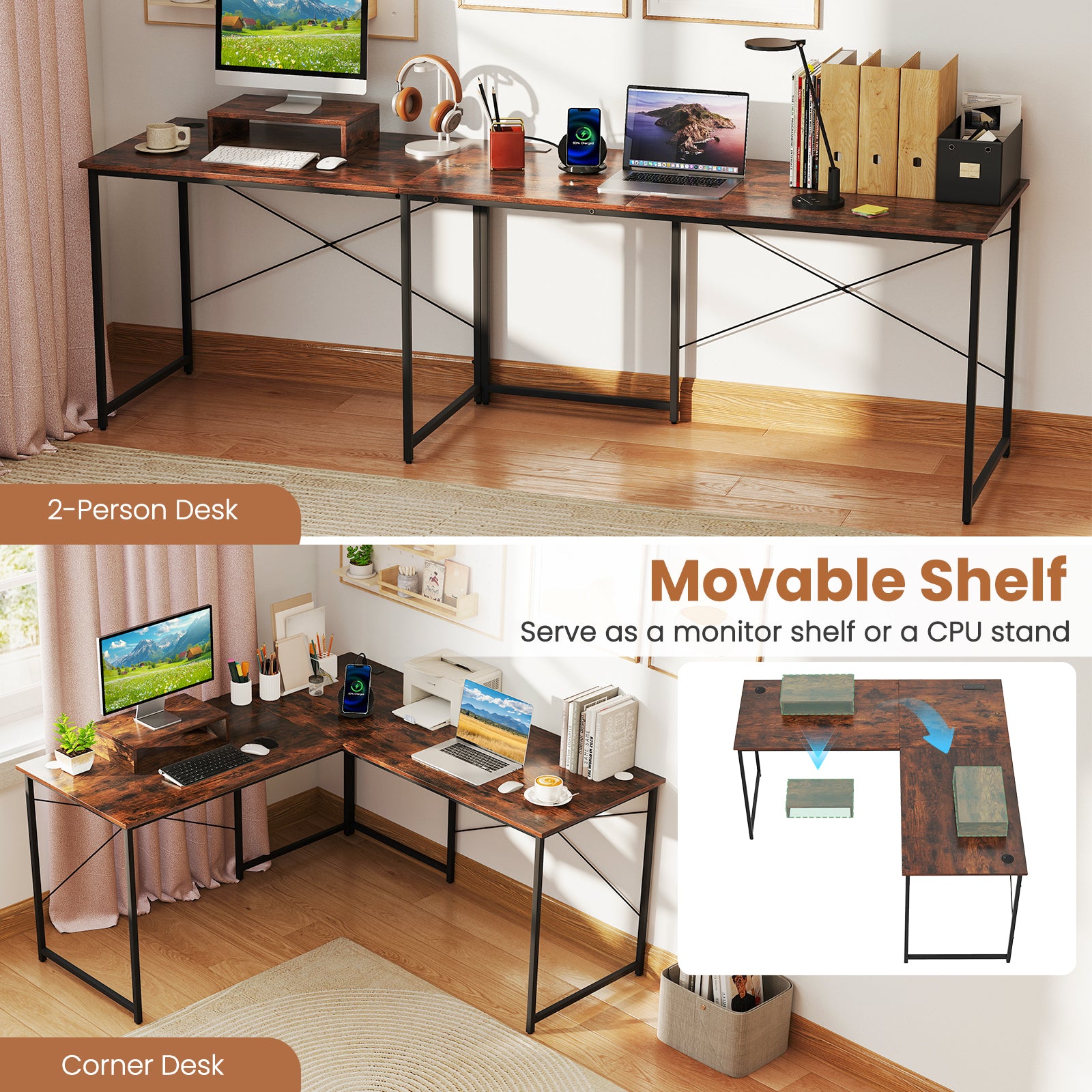 95 Inch 2-Person L-Shaped Long Reversible Computer Desk with Monitor Stand-Rustic Brown
