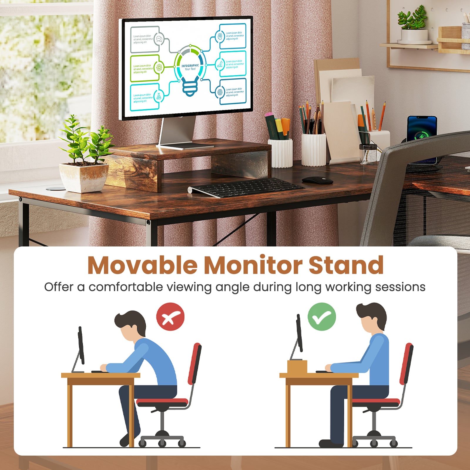 95 Inch 2-Person L-Shaped Long Reversible Computer Desk with Monitor Stand-Rustic Brown
