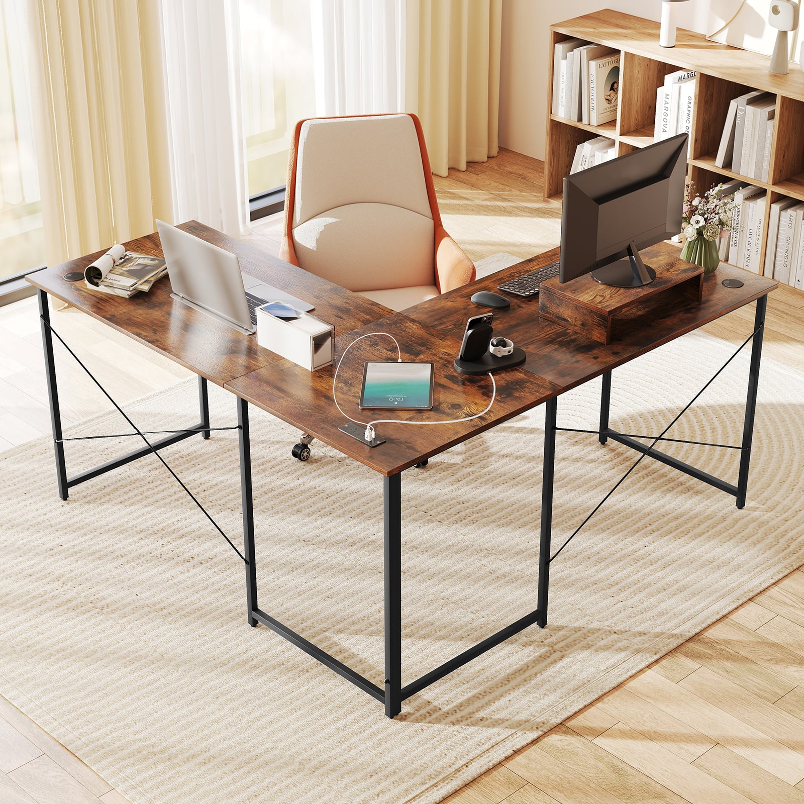 95 Inch 2-Person L-Shaped Long Reversible Computer Desk with Monitor Stand-Rustic Brown