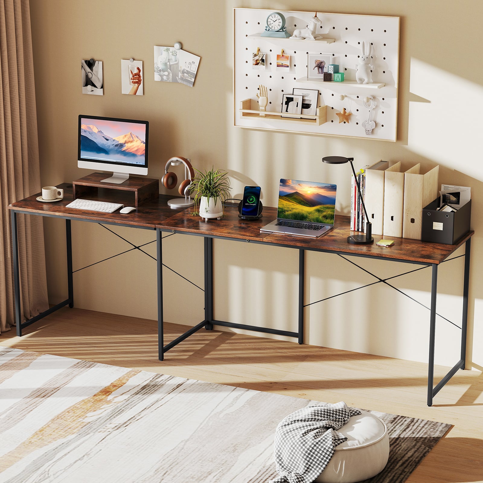 95 Inch 2-Person L-Shaped Long Reversible Computer Desk with Monitor Stand-Rustic Brown