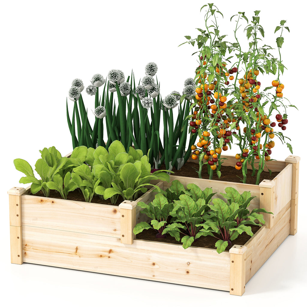 Carré potager surélevé en bois à 3 niveaux avec base ouverte - Naturel
