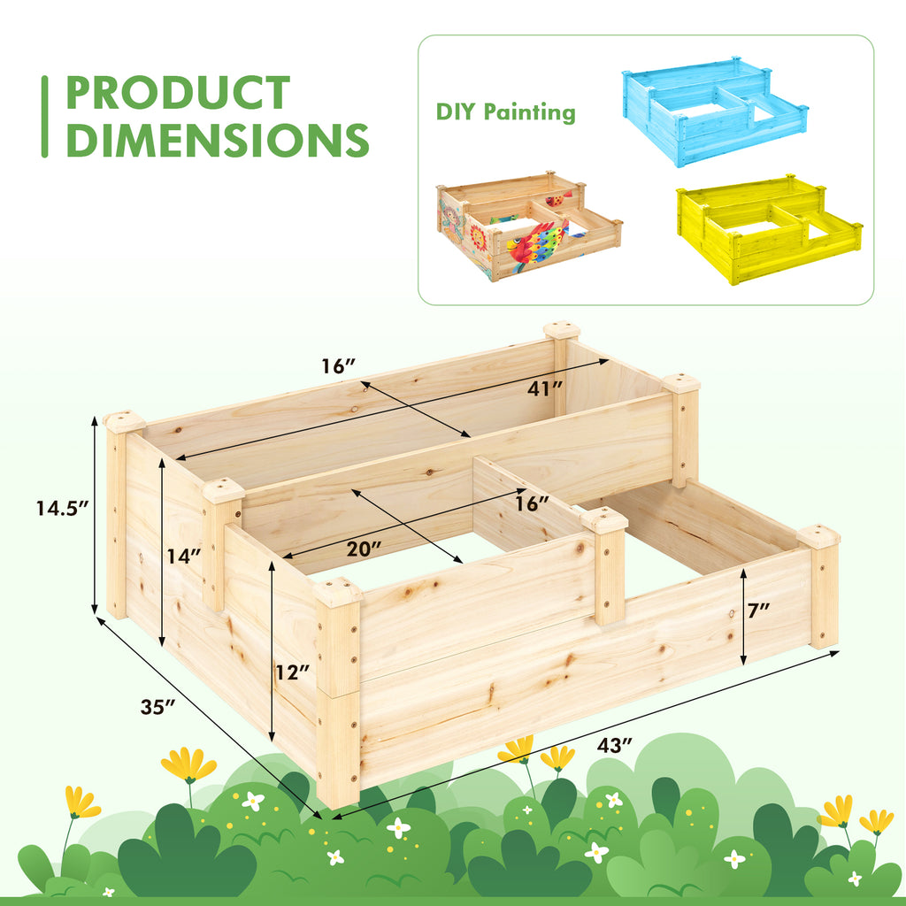 Carré potager surélevé en bois à 3 niveaux avec base ouverte - Naturel