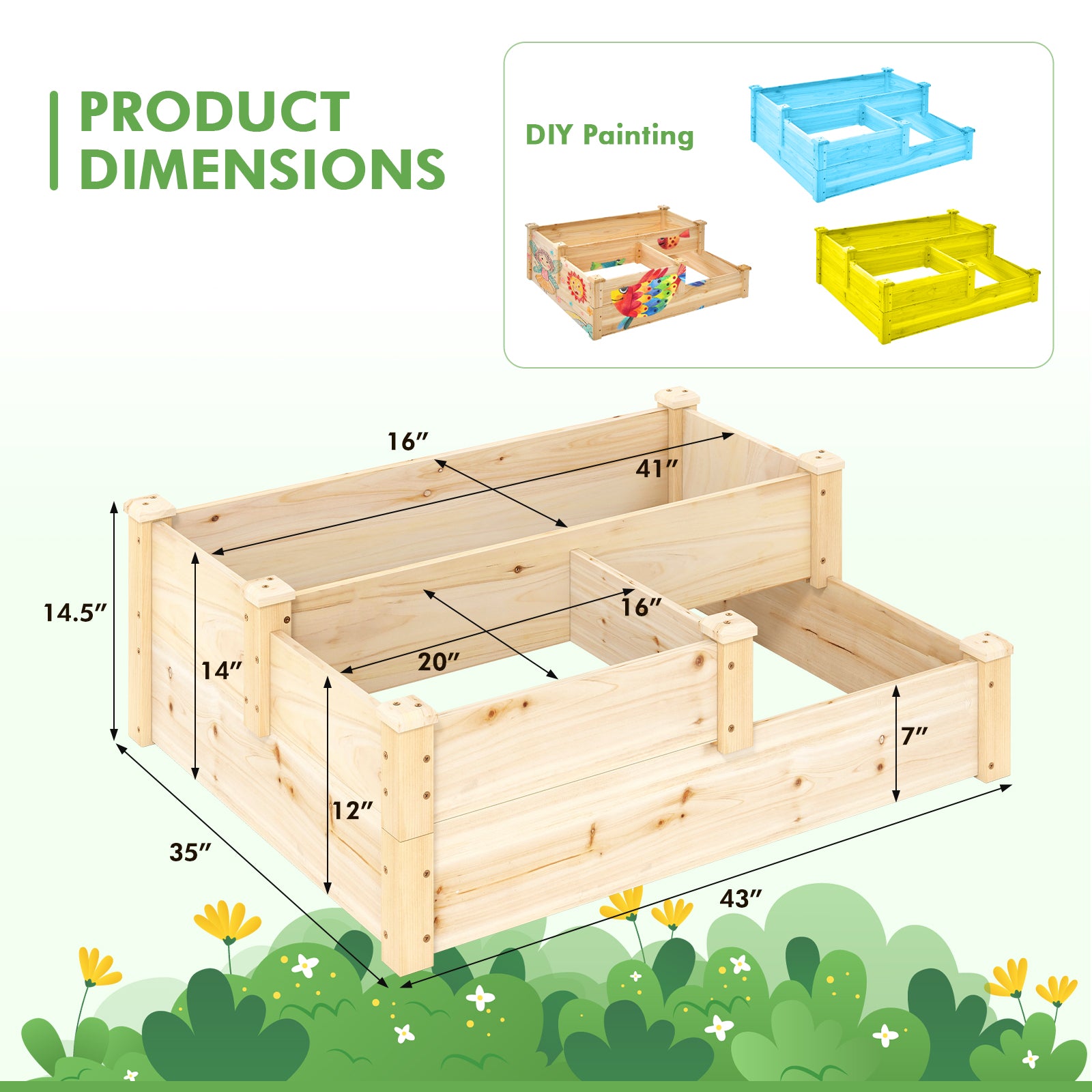 Carré potager surélevé en bois à 3 niveaux avec base ouverte - Naturel