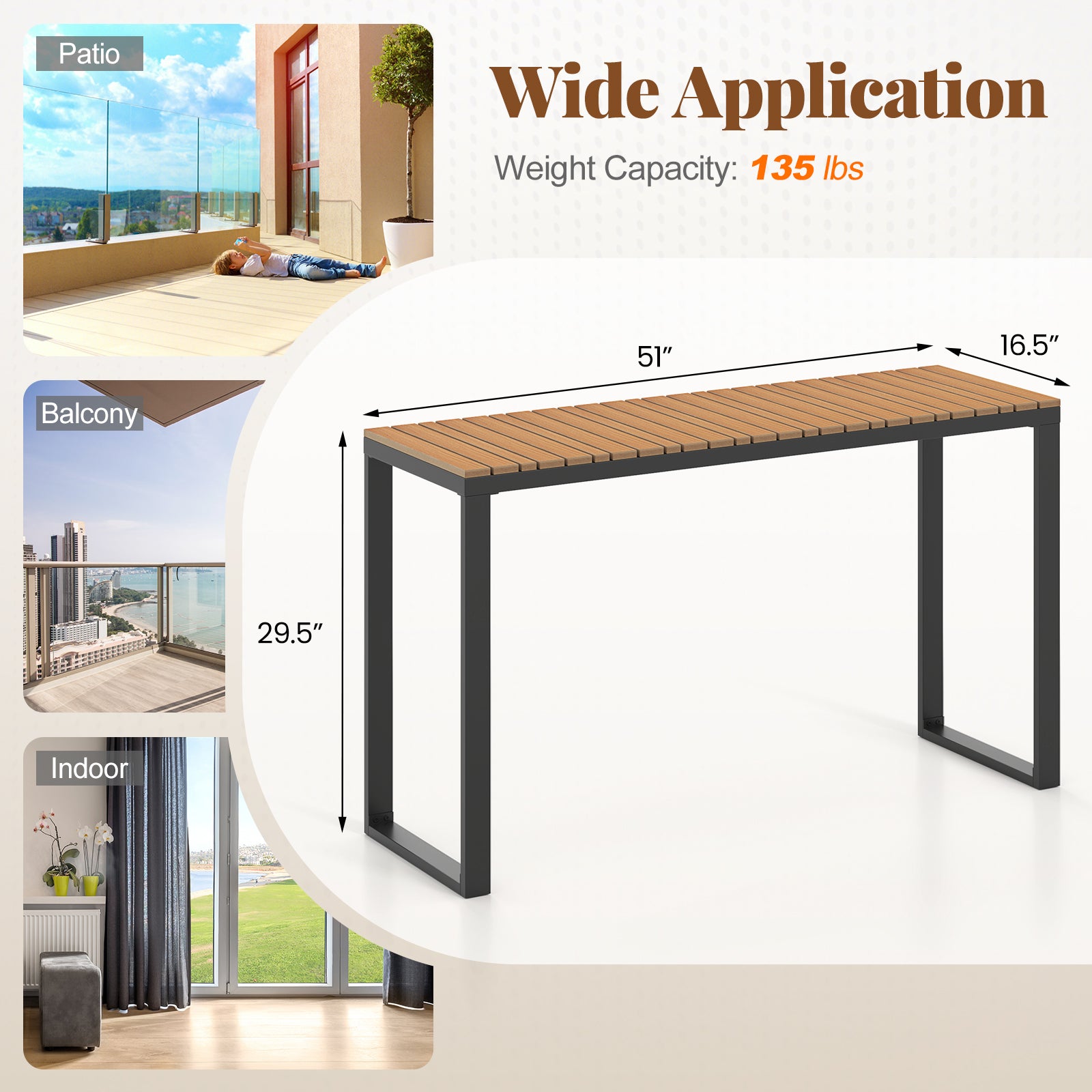 Console rectangulaire d'extérieur avec plateau en composite bois-plastique durable