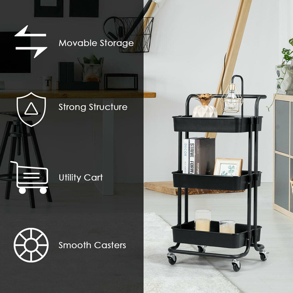 3-Tier Utility Cart Storage Rolling Cart with Casters-Black