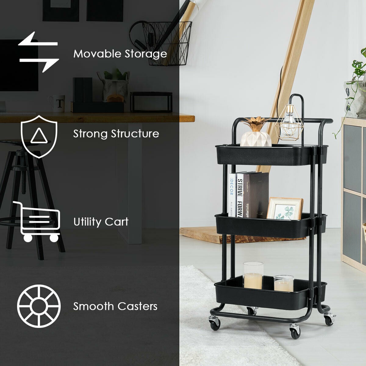 3-Tier Utility Cart Storage Rolling Cart with Casters-Black