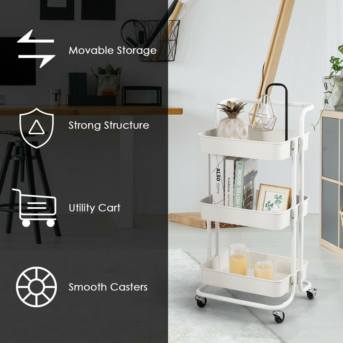 3-Tier Utility Cart Storage Rolling Cart with Casters-White