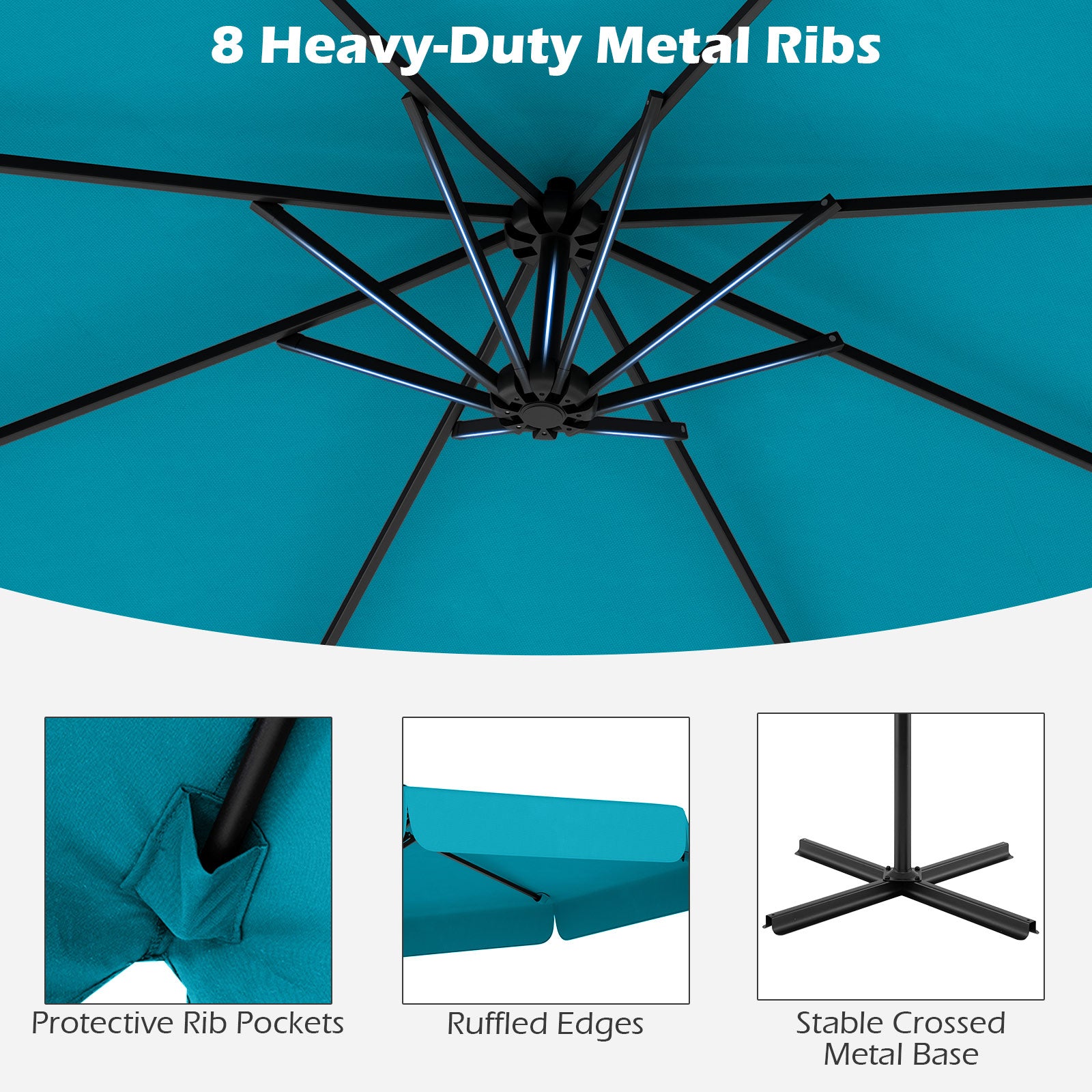 10 Feet Patio Cantilever Umbrella with Cover Tilt Adjustment and Ruffled Edge-Turquoise