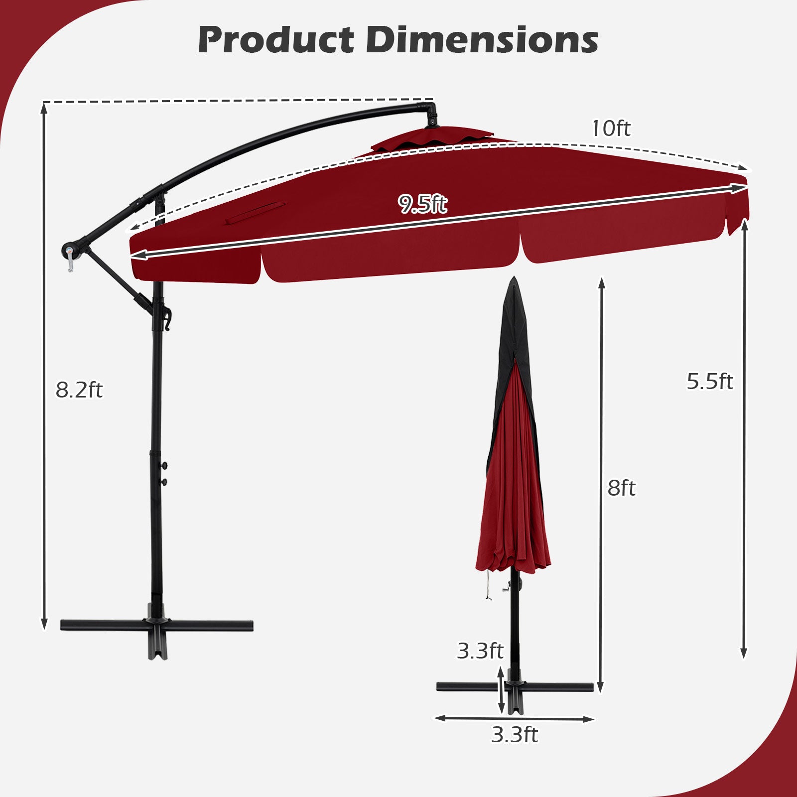 Parasol déporté de 3 m avec housse, inclinaison réglable et bord festonné - Bordeaux