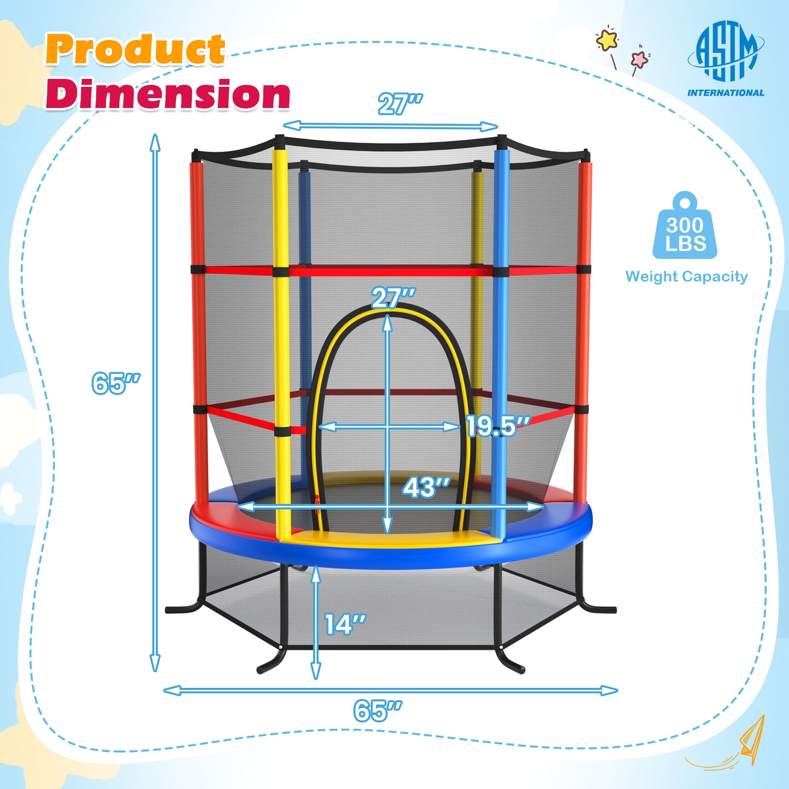 Trampoline d'intérieur récréatif pour enfants de 55 pouces avec filet de protection - Jaune
