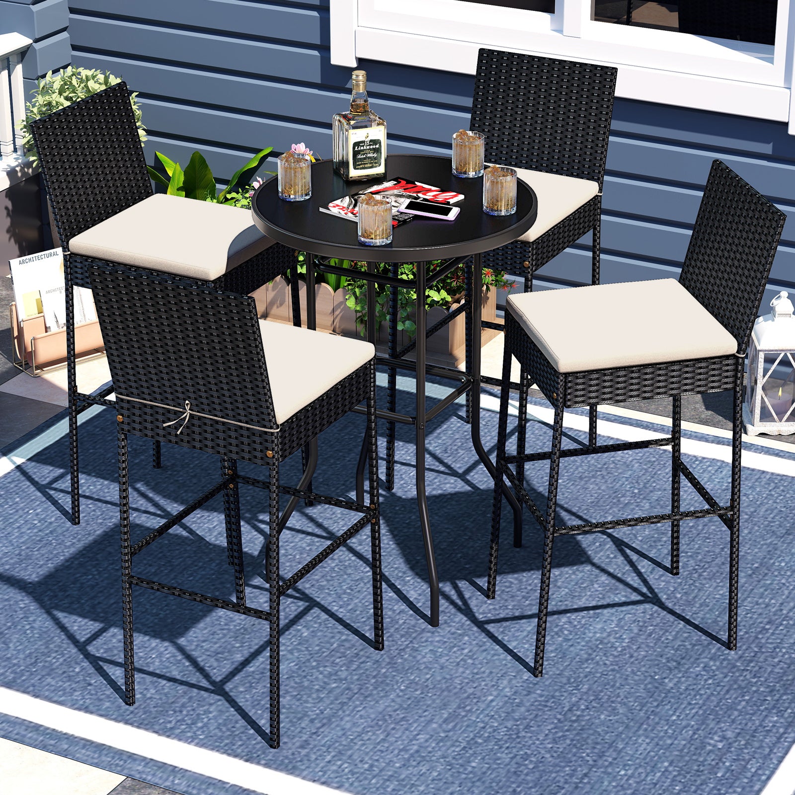 Tabourets de bar en osier pour patio avec repose-pieds et dossier - Lot de 4
