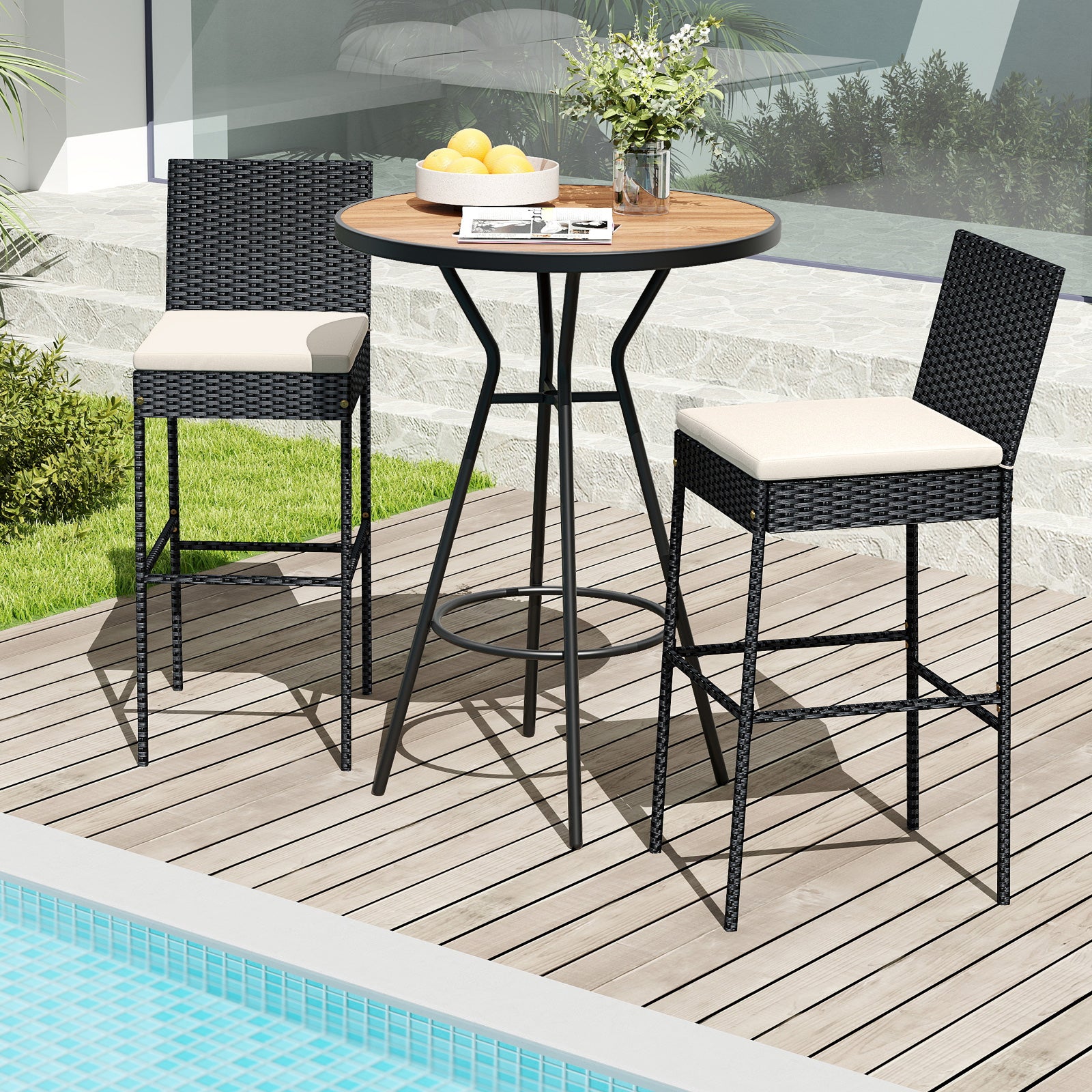 Tabourets de bar en osier pour patio avec repose-pieds et dossier - Lot de 4