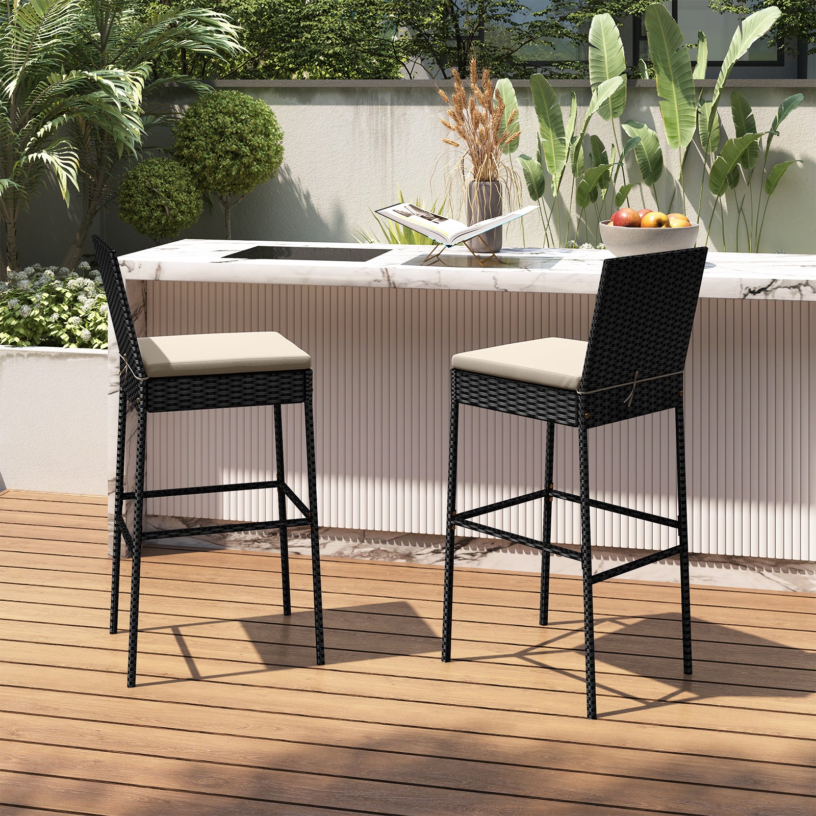 Tabourets de bar en osier pour patio avec repose-pieds et dossier - Lot de 4