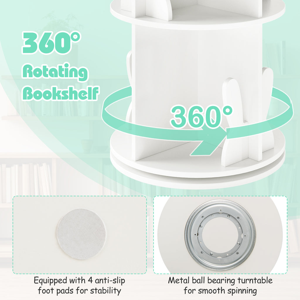 2 Tier Freestanding Kids Rotating Bookshelf Storage Rack with Bunny Baffles-White