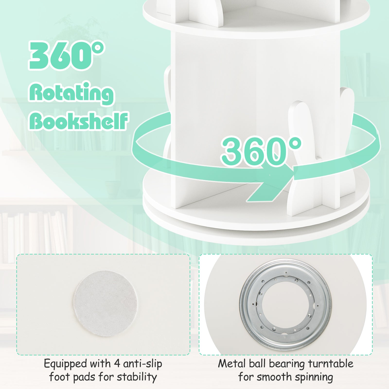 2 Tier Freestanding Kids Rotating Bookshelf Storage Rack with Bunny Baffles-White
