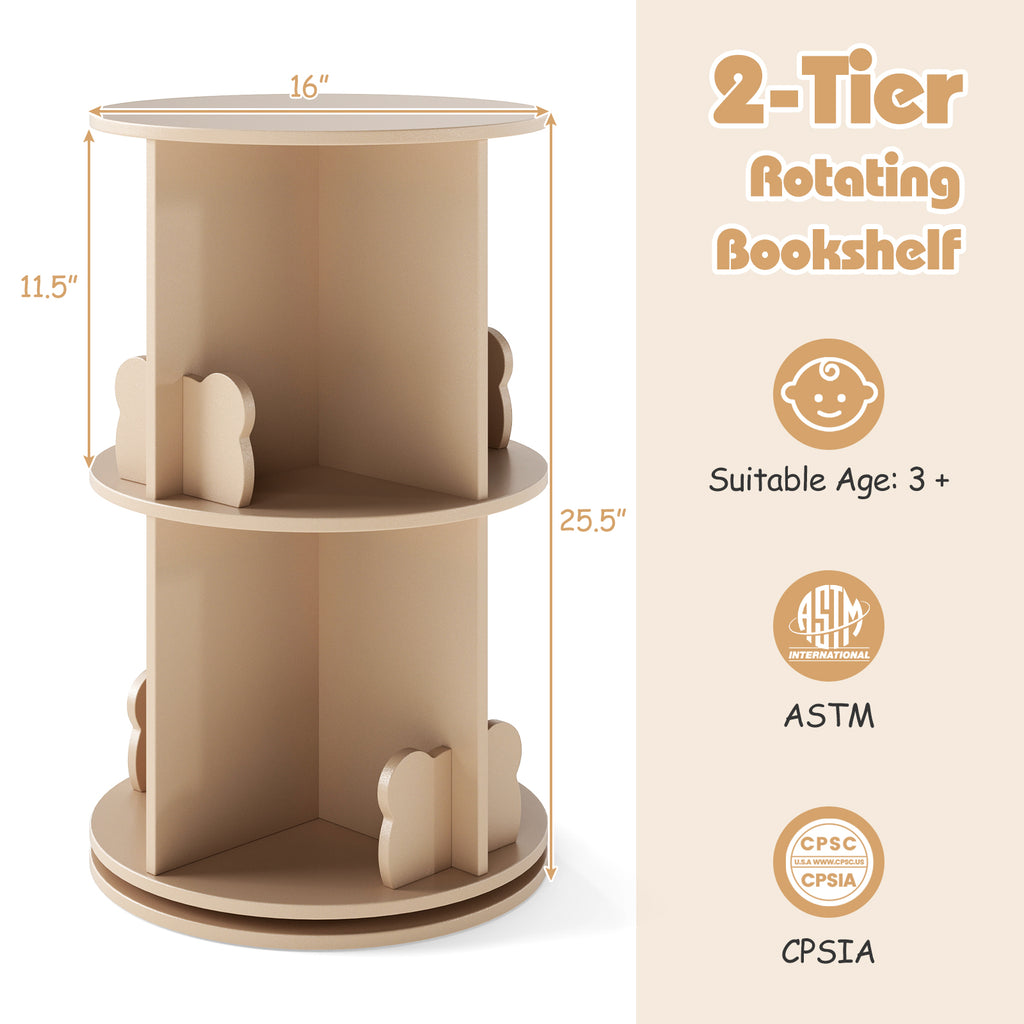 2 Tier Freestanding Kids Rotating Bookshelf Storage Rack with Bear Baffles-Natural