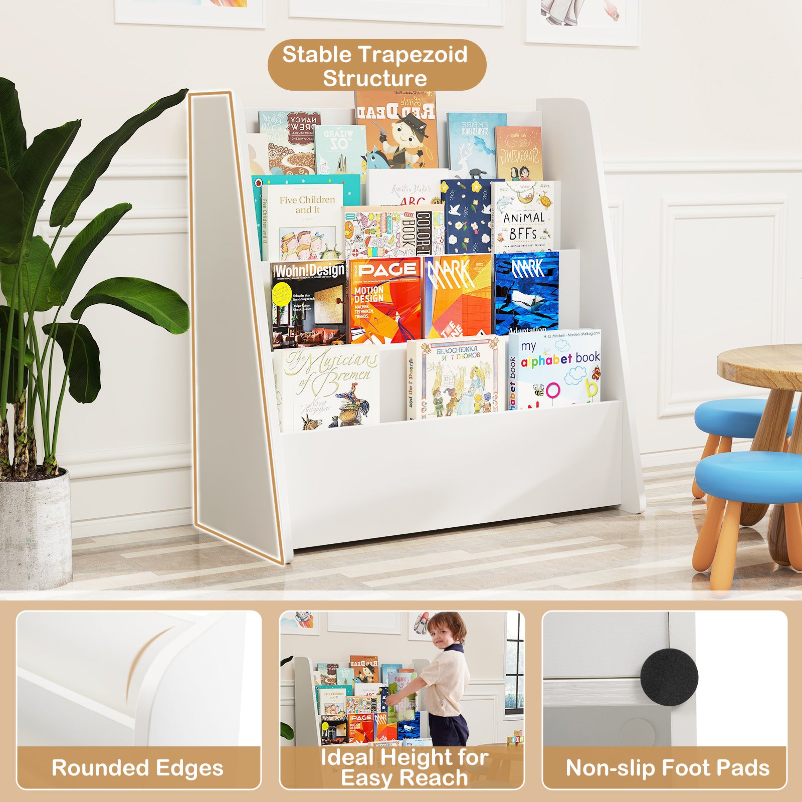 4-Tier Kids Bookshelf with Deep Compartments for Bedroom-White