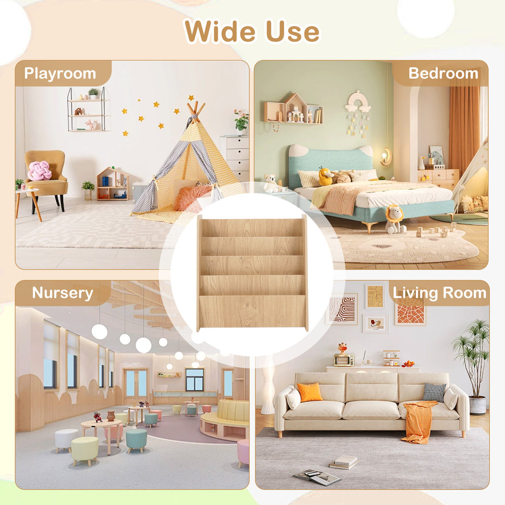4-Tier Kids Bookshelf with Deep Compartments for Bedroom-Natural