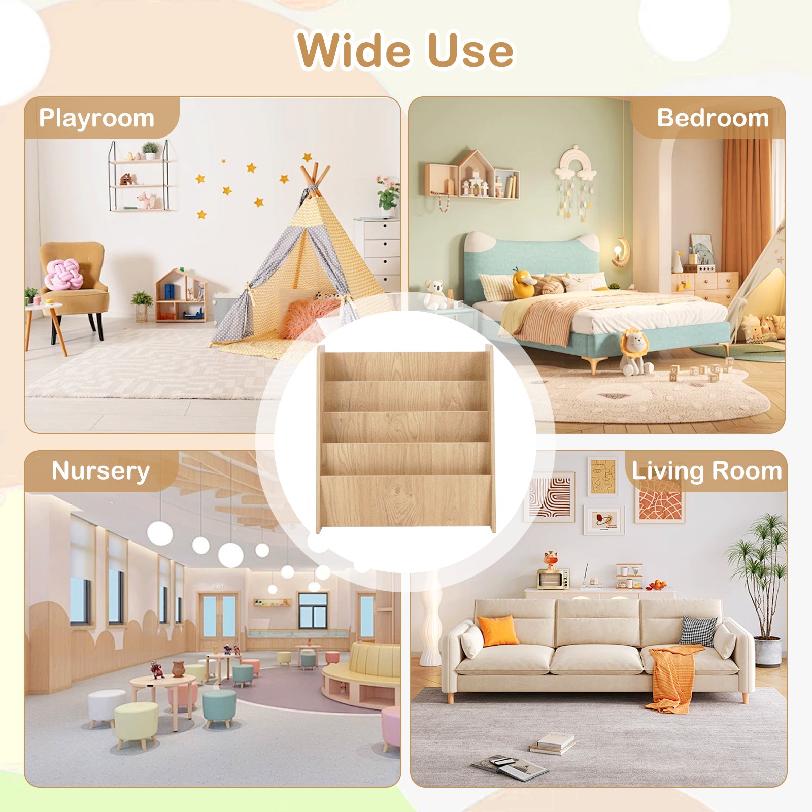 4-Tier Kids Bookshelf with Deep Compartments for Bedroom-Natural