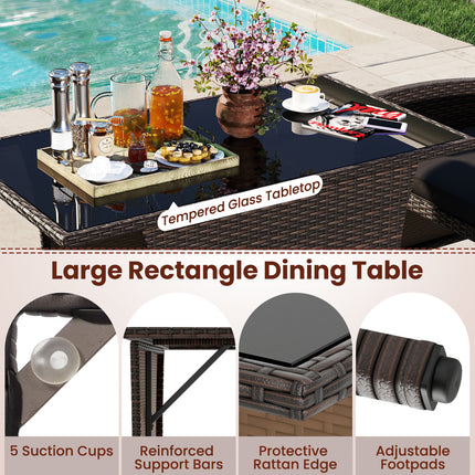 3 Piece Patio Wicker Dining Set with Rectangle Tempered Glass Dining Table-Brown