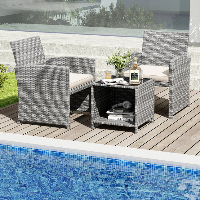 3 Pieces Patio Furniture Set with Tempered Glass Coffee Table and Soft Seat Cushions-White