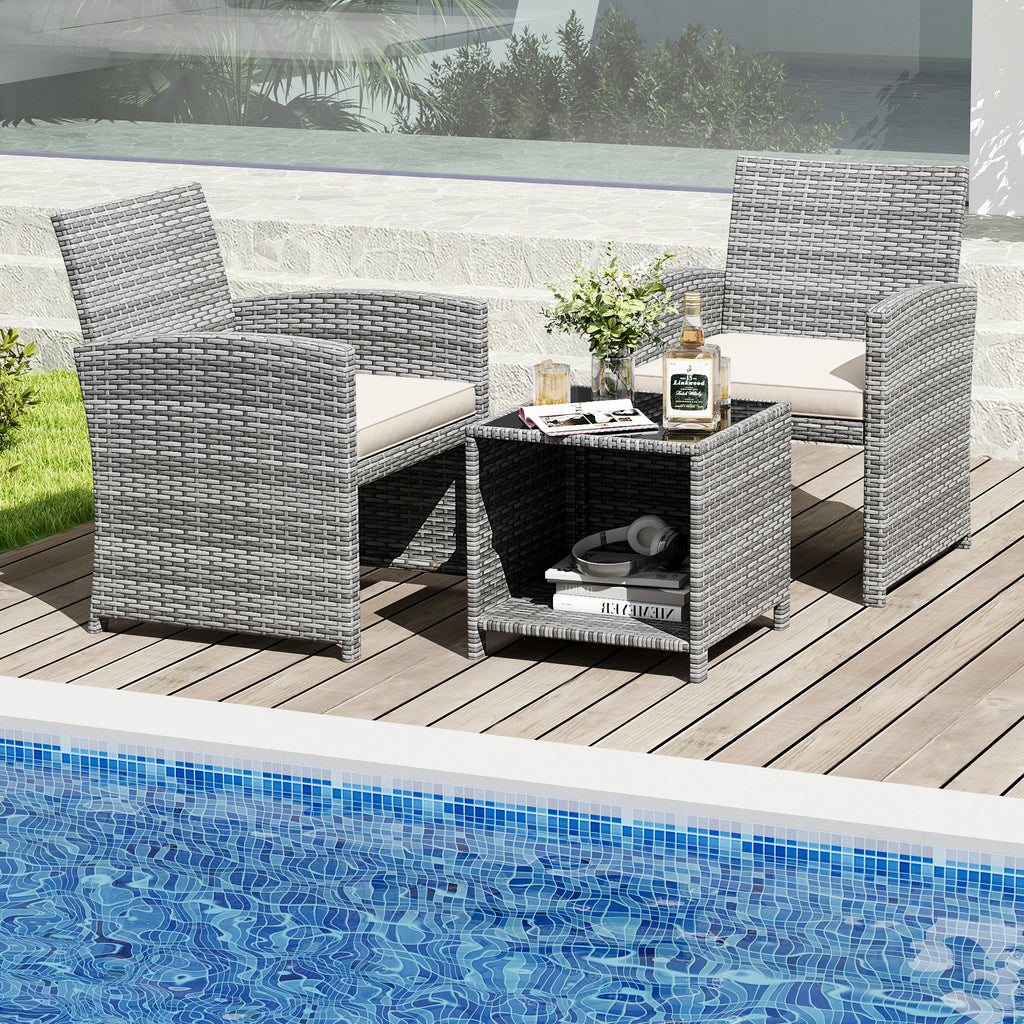 3 Pieces Patio Furniture Set with Tempered Glass Coffee Table and Soft Seat Cushions-White