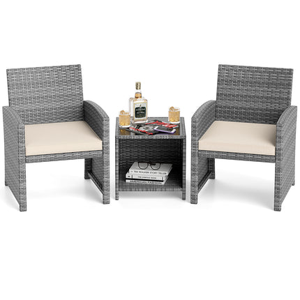 3 Pieces Patio Furniture Set with Tempered Glass Coffee Table and Soft Seat Cushions-White