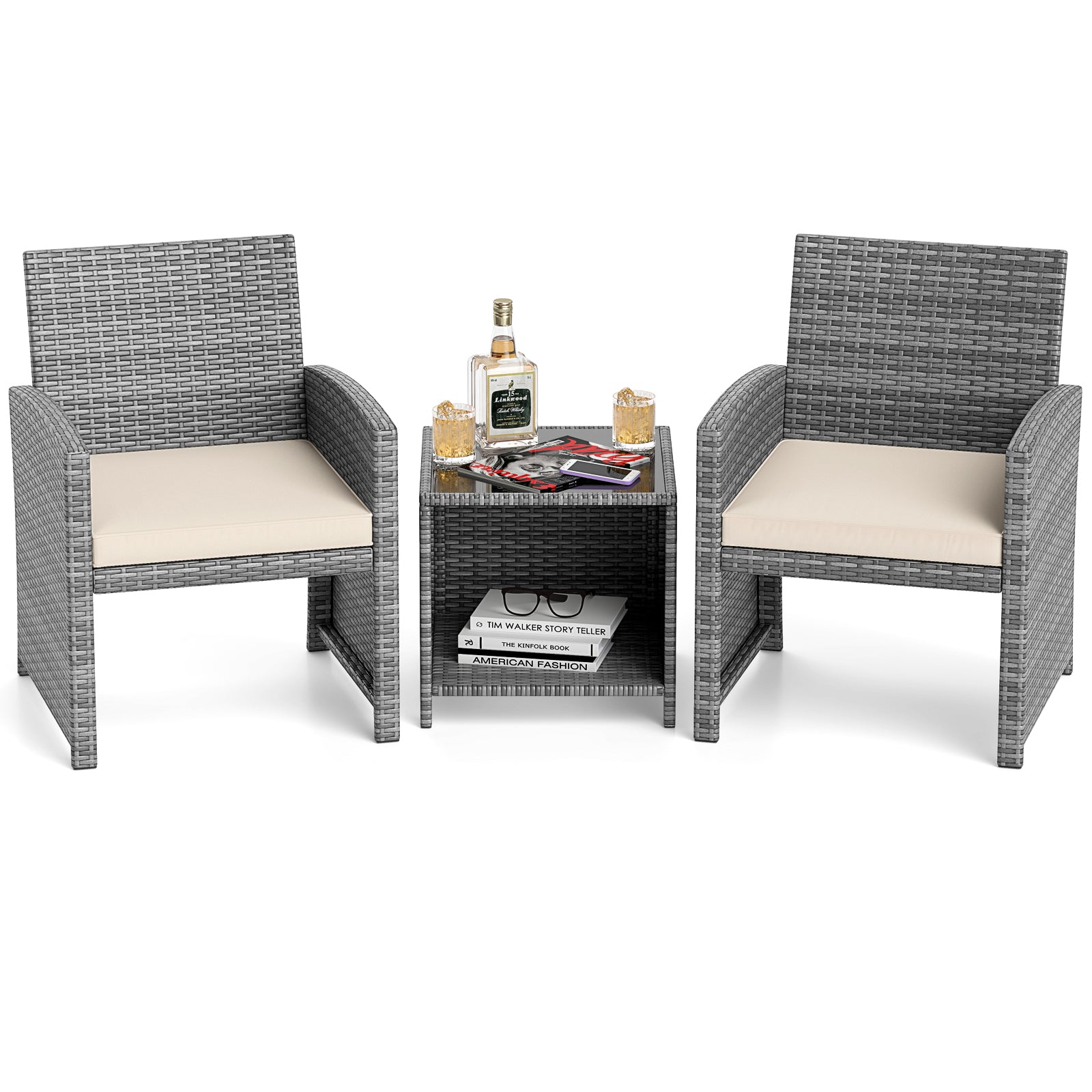 3 Pieces Patio Furniture Set with Tempered Glass Coffee Table and Soft Seat Cushions-White