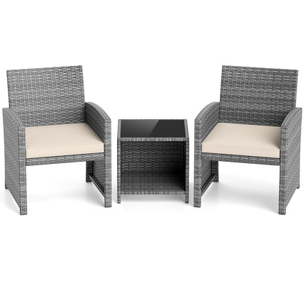 3 Pieces Patio Furniture Set with Tempered Glass Coffee Table and Soft Seat Cushions-White