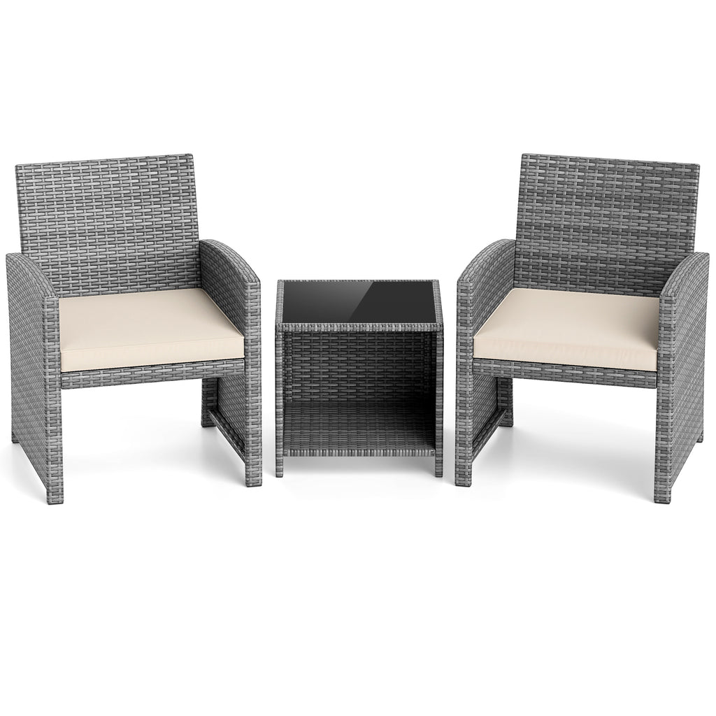 3 Pieces Patio Furniture Set with Tempered Glass Coffee Table and Soft Seat Cushions-White