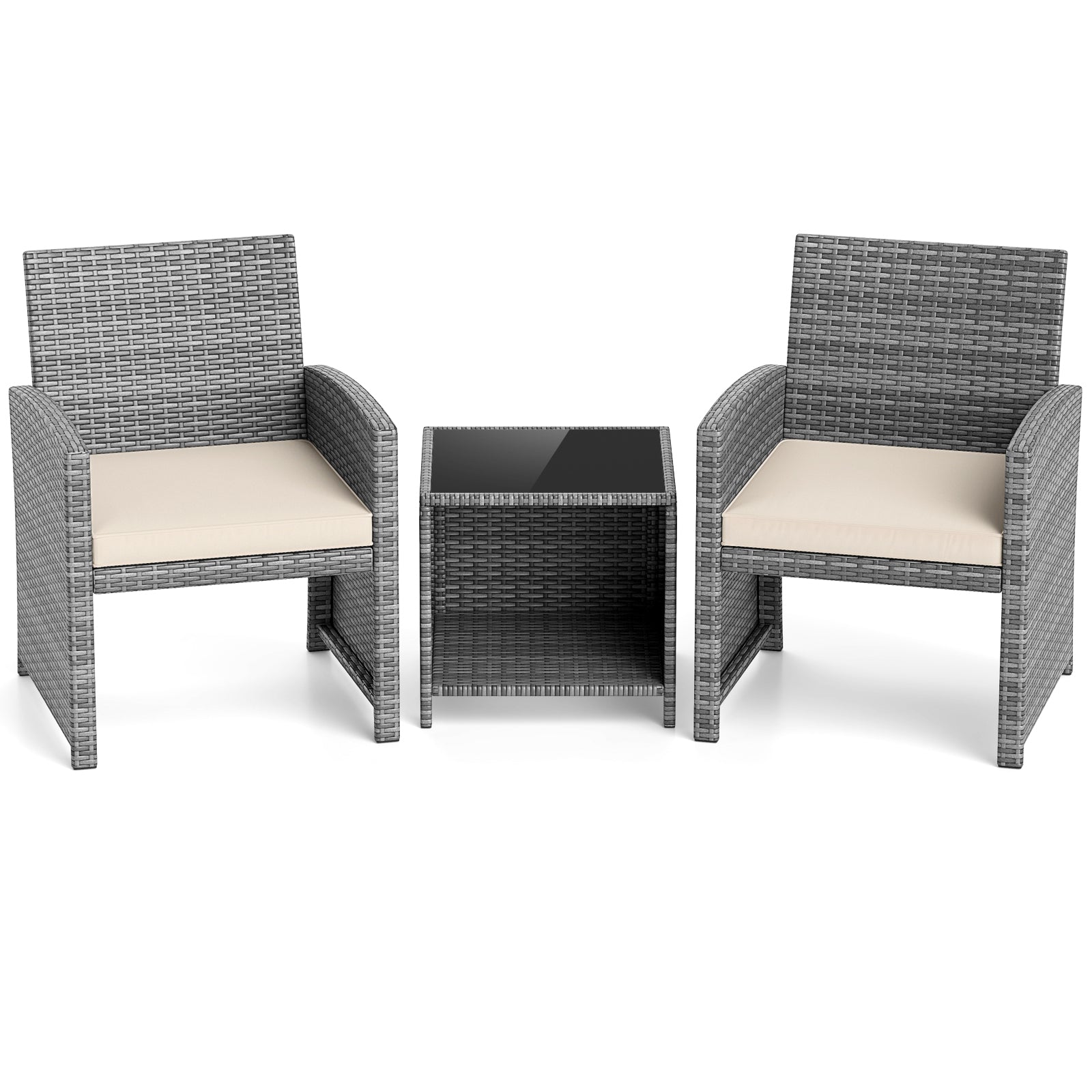 3 Pieces Patio Furniture Set with Tempered Glass Coffee Table and Soft Seat Cushions-White