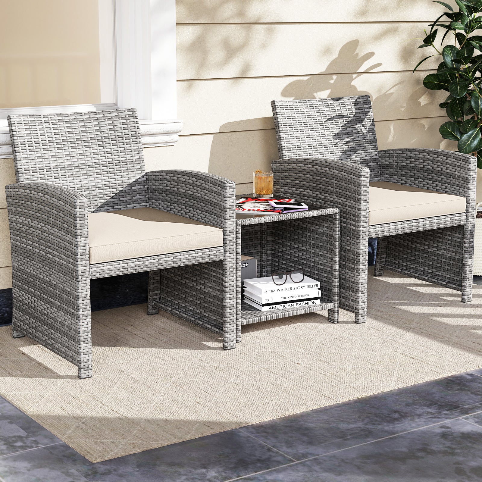 3 Pieces Patio Furniture Set with Tempered Glass Coffee Table and Soft Seat Cushions-White