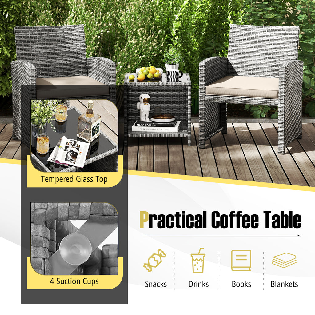 3 Pieces Patio Furniture Set with Tempered Glass Coffee Table and Soft Seat Cushions-White