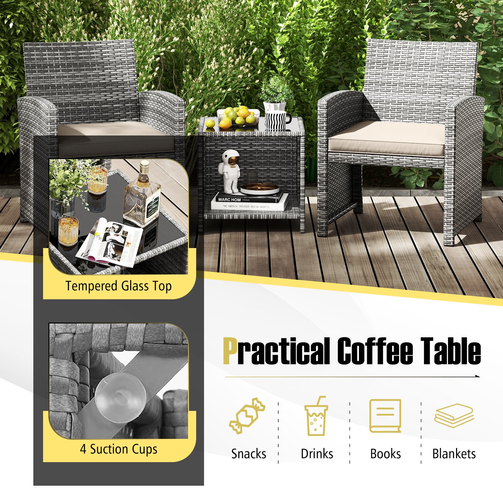 3 Pieces Patio Furniture Set with Tempered Glass Coffee Table and Soft Seat Cushions-White