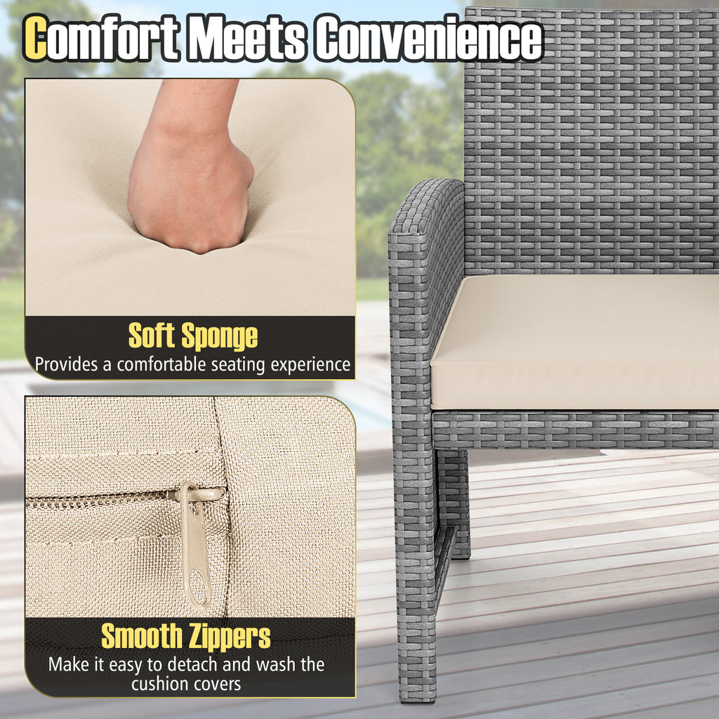 3 Pieces Patio Furniture Set with Tempered Glass Coffee Table and Soft Seat Cushions-White