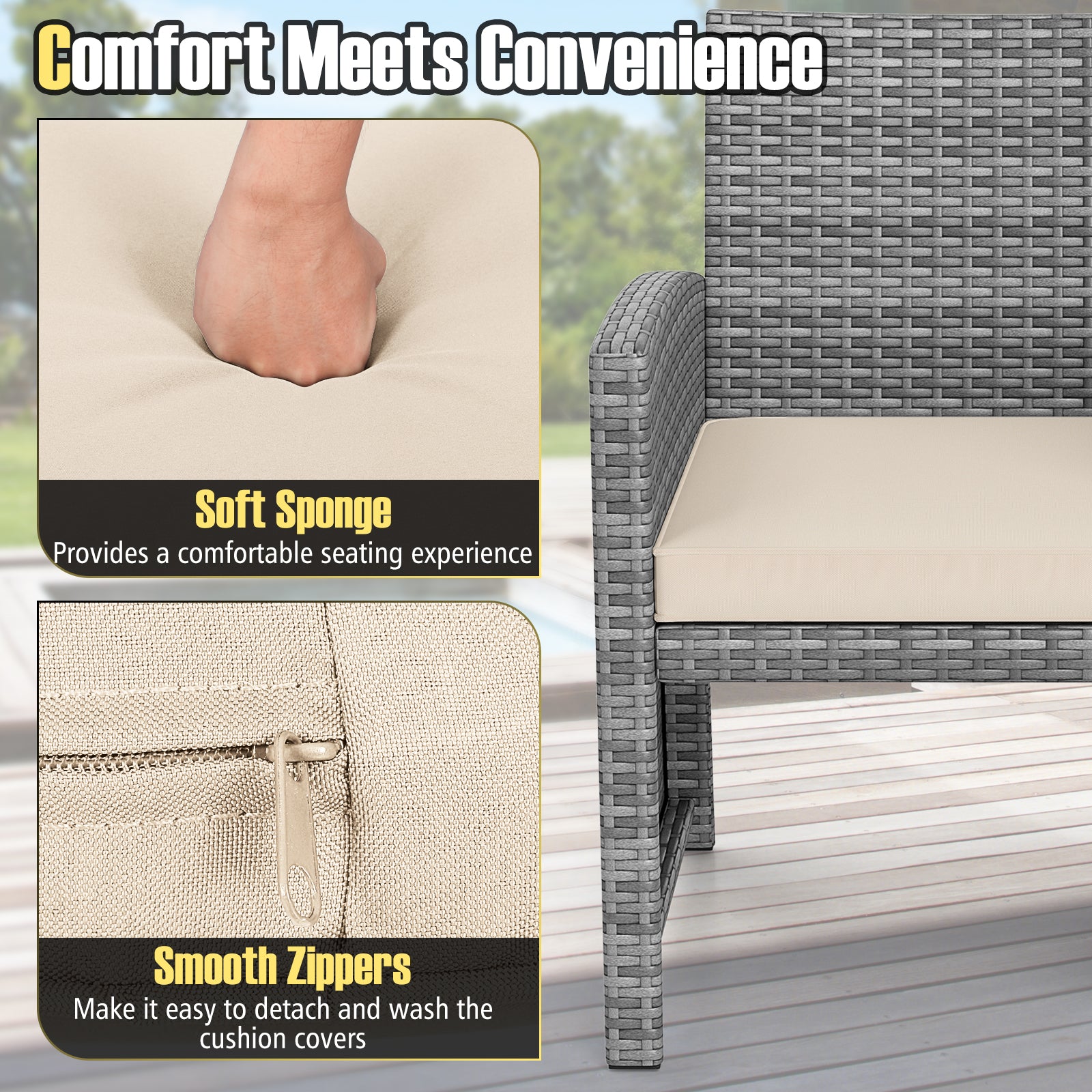 3 Pieces Patio Furniture Set with Tempered Glass Coffee Table and Soft Seat Cushions-White