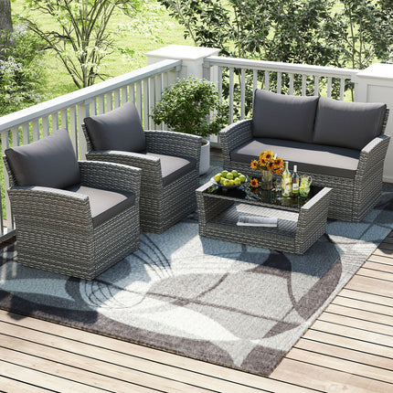 4 Pieces Patio Rattan Furniture Set Sofa Table with Storage Shelf Cushion-Gray