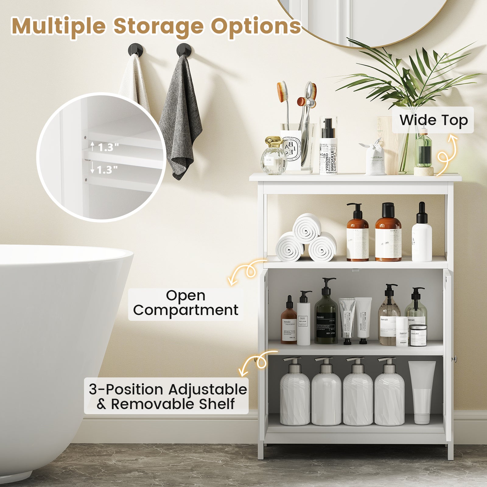Bathroom Floor Cabinet Freestanding Storage Organizer with Open Compartment-White