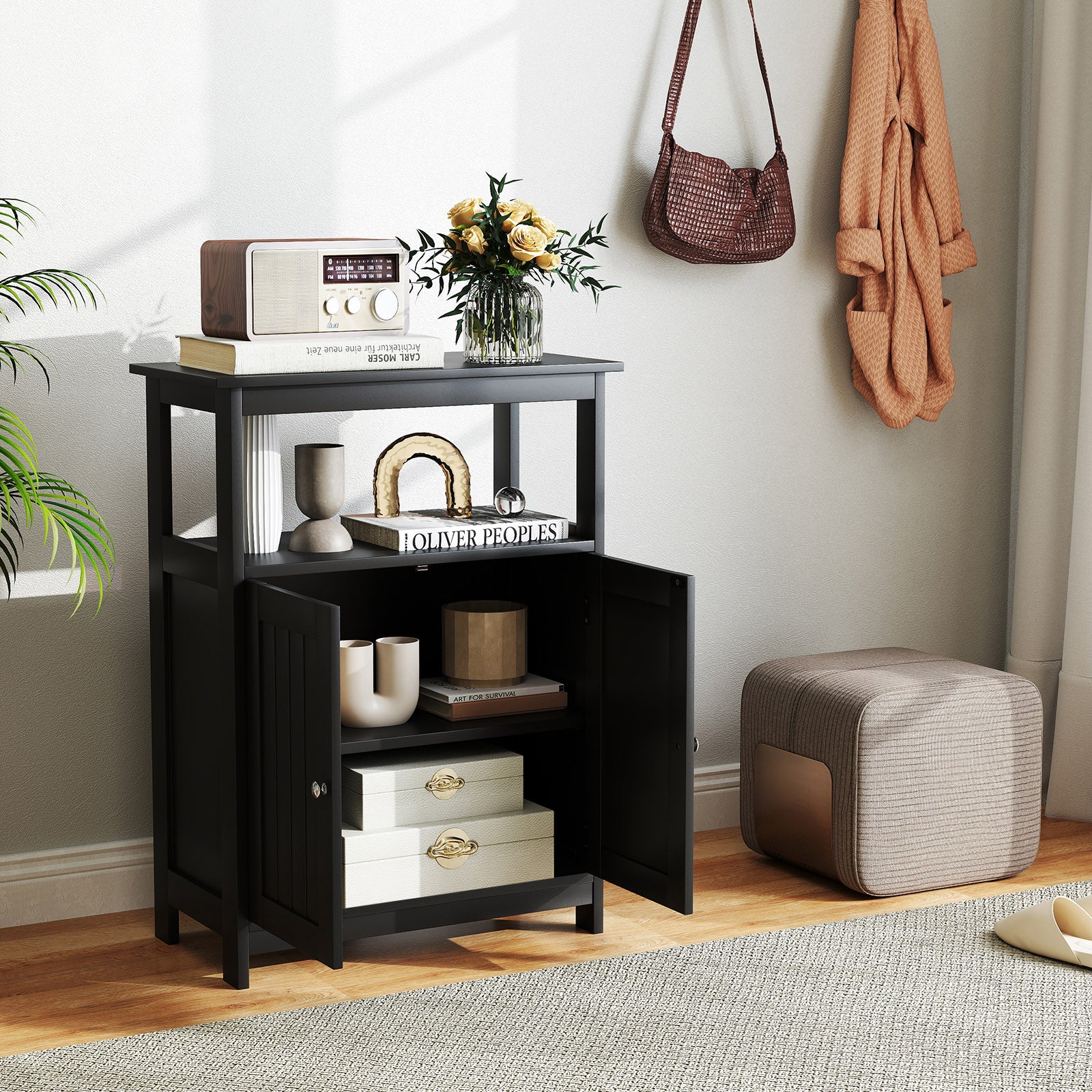 Bathroom Floor Cabinet Freestanding Storage Organizer with Open Compartment-Black