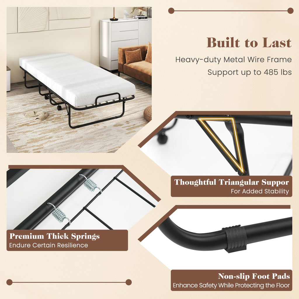 Cot Size Folding Bed Frame with Memory Foam Mattress and Metal Frame
