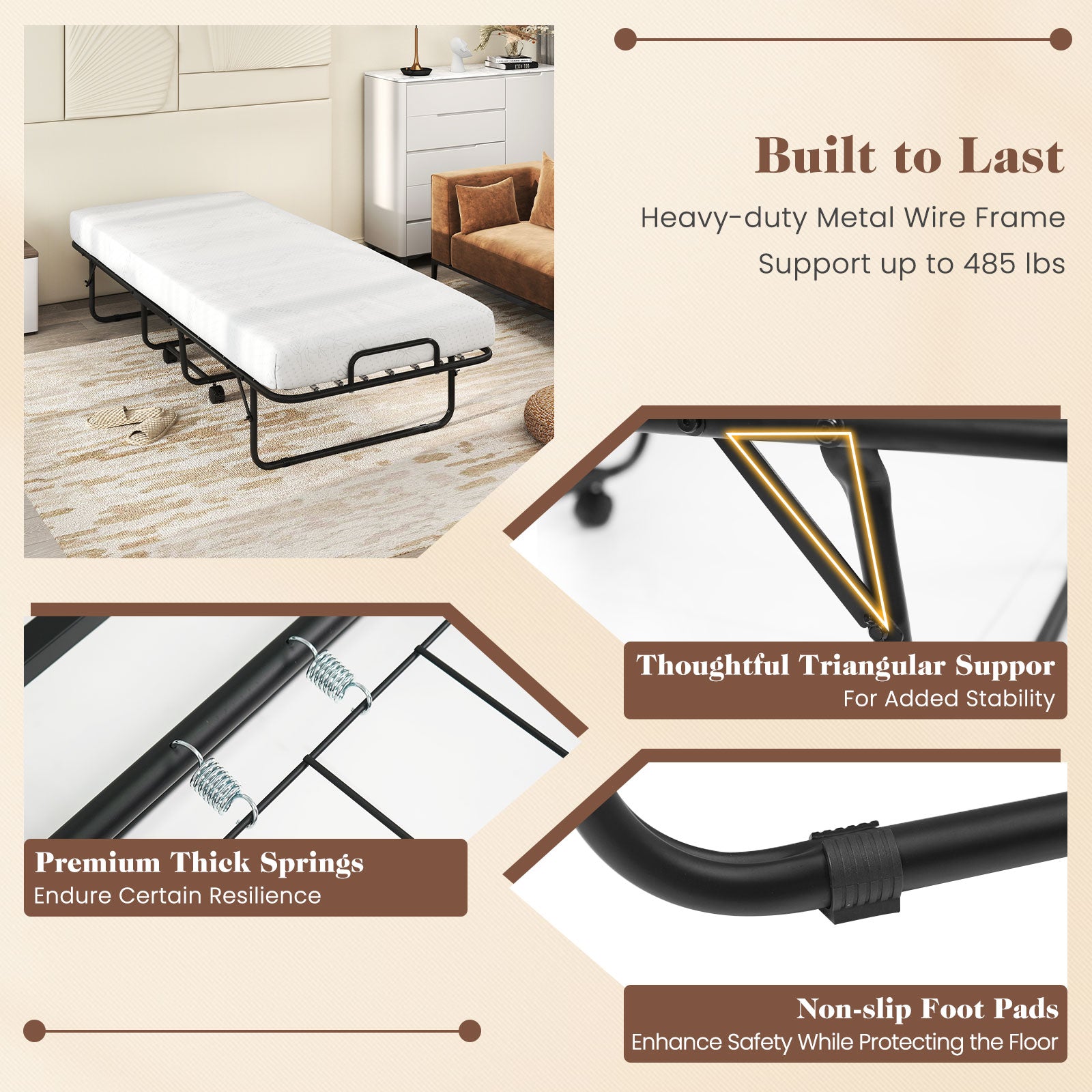 Cot Size Folding Bed Frame with Memory Foam Mattress and Metal Frame