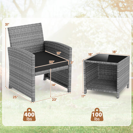 3 Pieces Patio Furniture Set with Tempered Glass Coffee Table and Soft Seat Cushions-Black