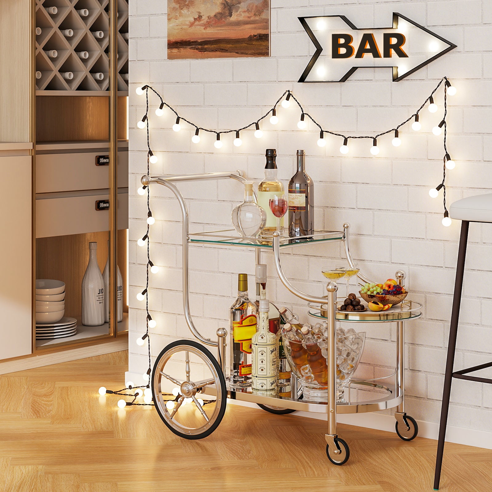 Kitchen Rolling Bar Cart with Tempered Glass Suitable for Restaurant and Hotel