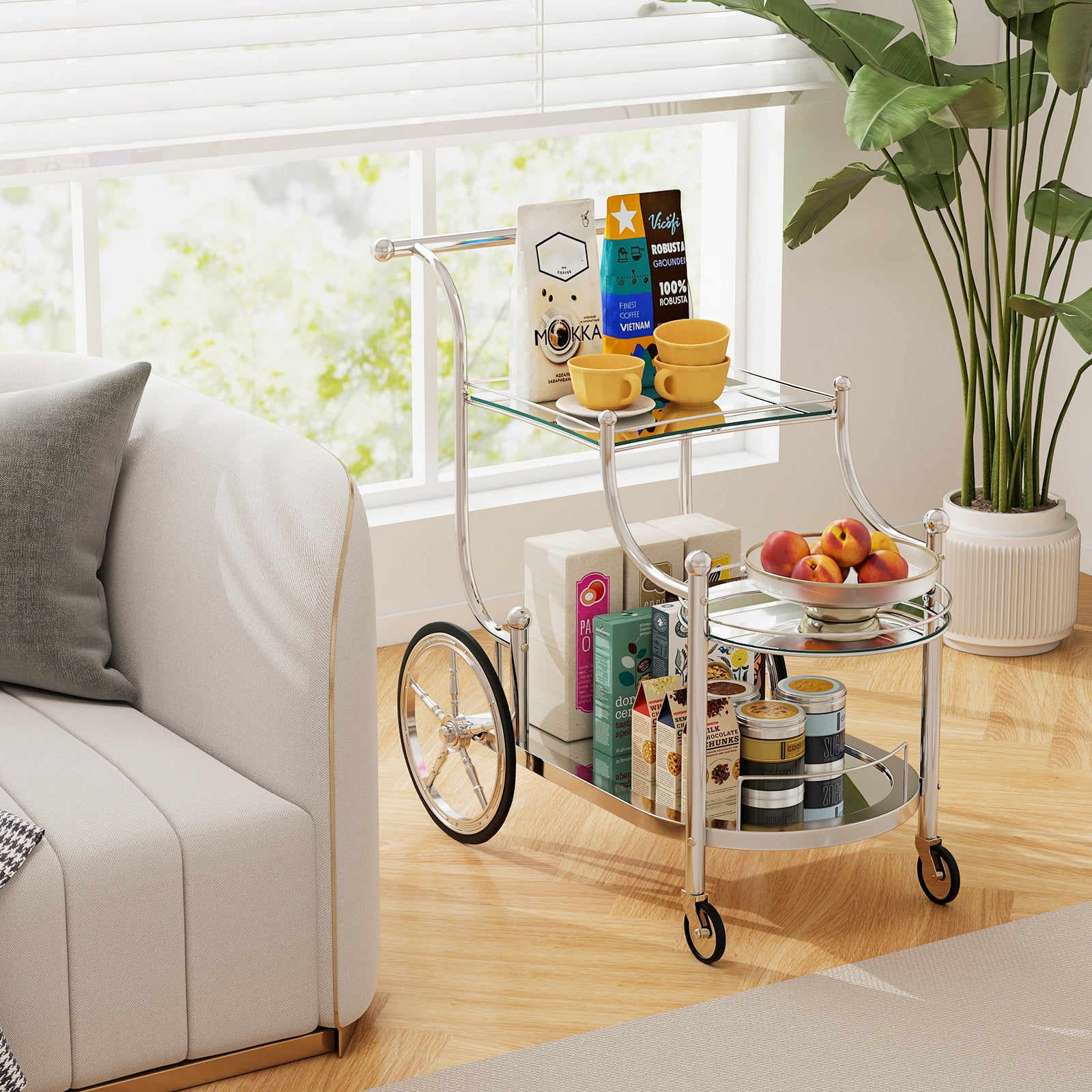 Kitchen Rolling Bar Cart with Tempered Glass Suitable for Restaurant and Hotel
