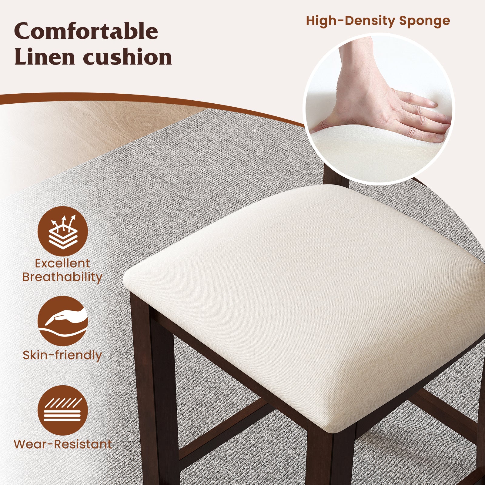 Modern Farmhouse Counter Height Stools with Footrest and Cushion-Walnut