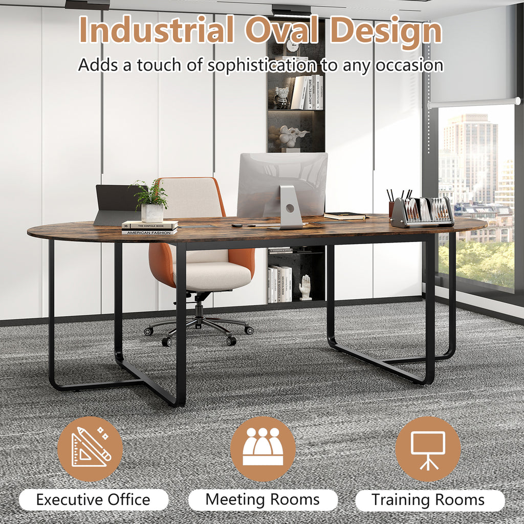 95 Inches Oval Conference Industrial Executive Table with Dual Cable Holes-Rustic Brown