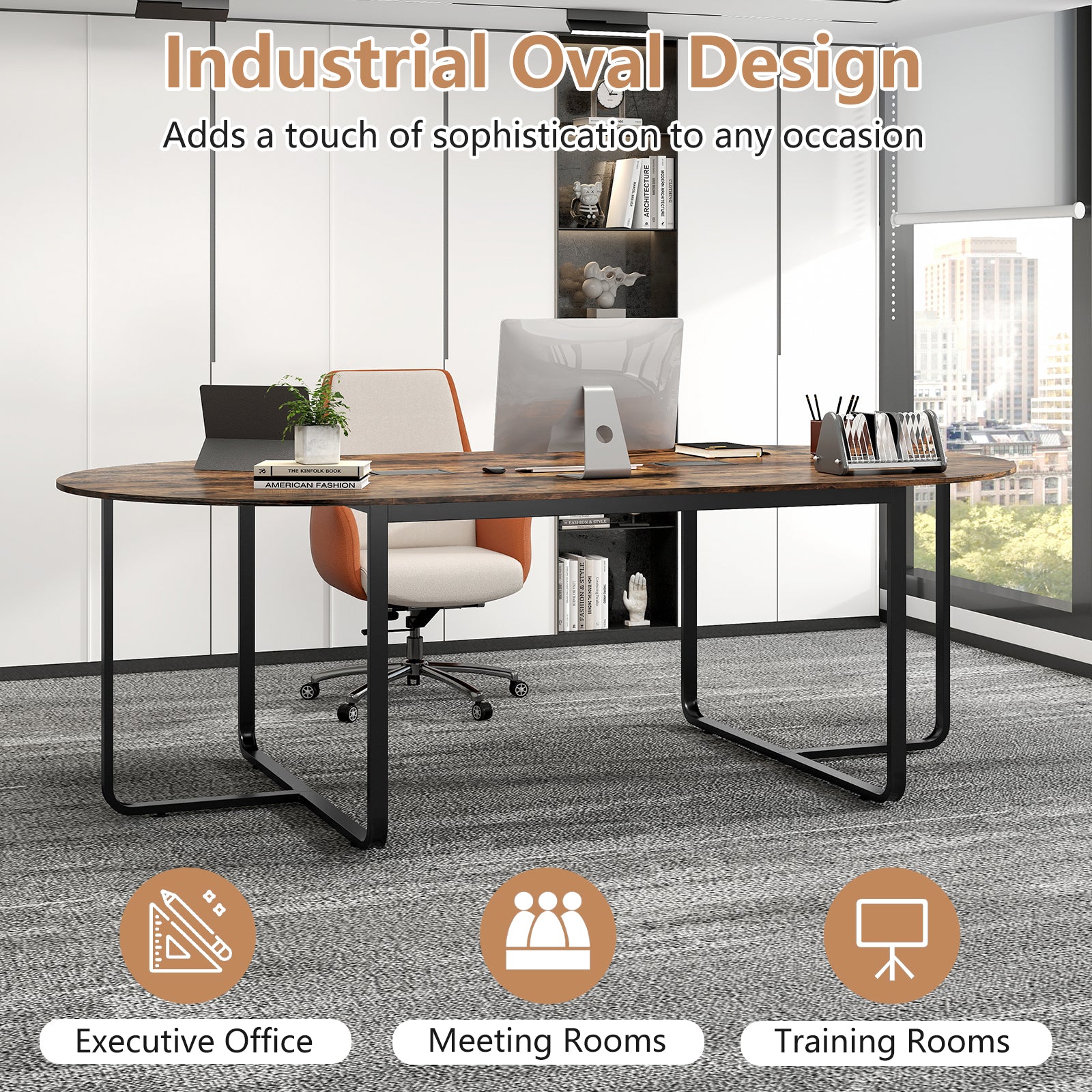 95 Inches Oval Conference Industrial Executive Table with Dual Cable Holes-Rustic Brown