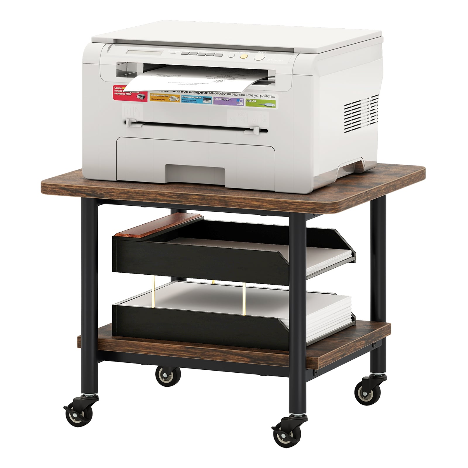 Under Desk Printer Stand with 360° Swivel Casters-Brown
