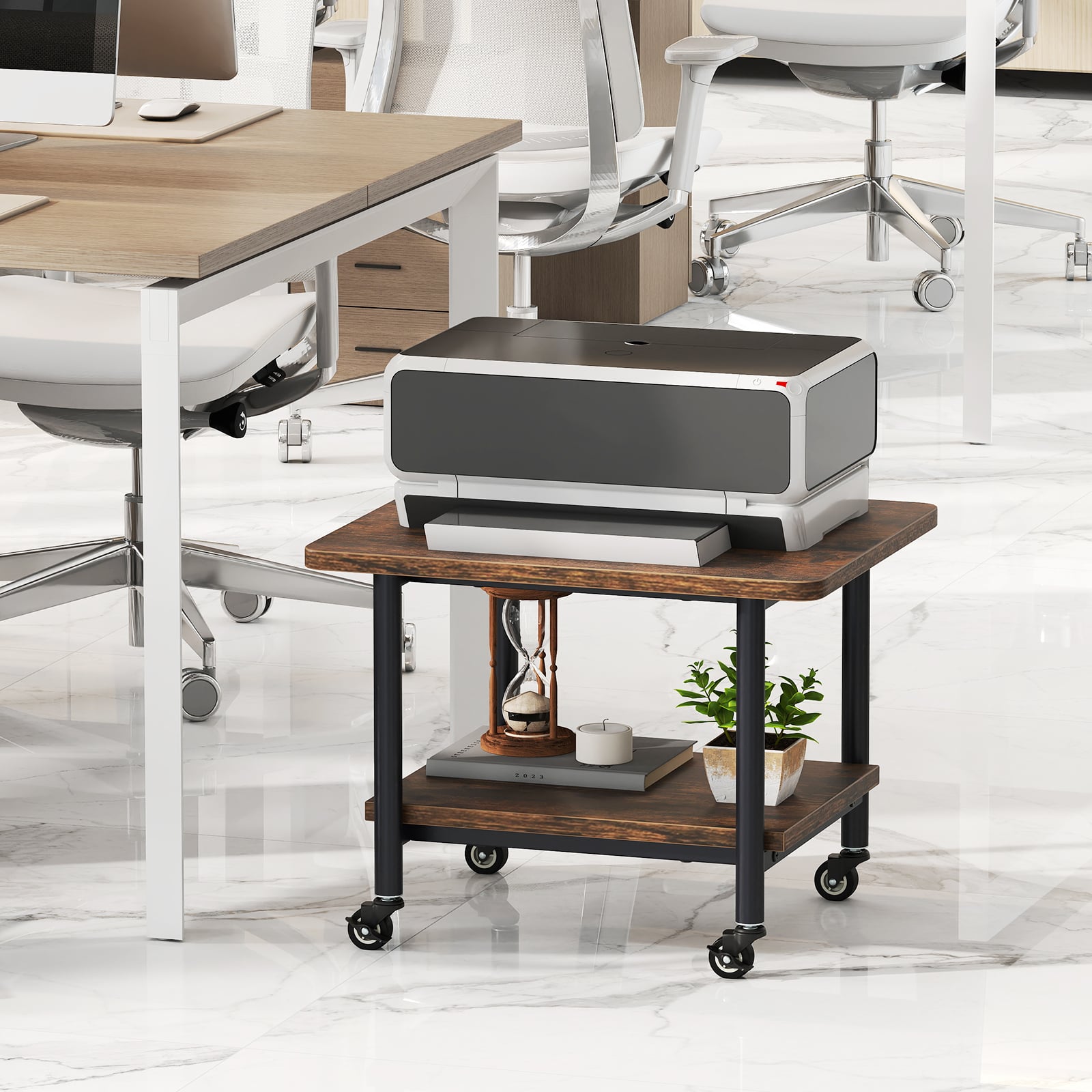 Under Desk Printer Stand with 360° Swivel Casters-Brown