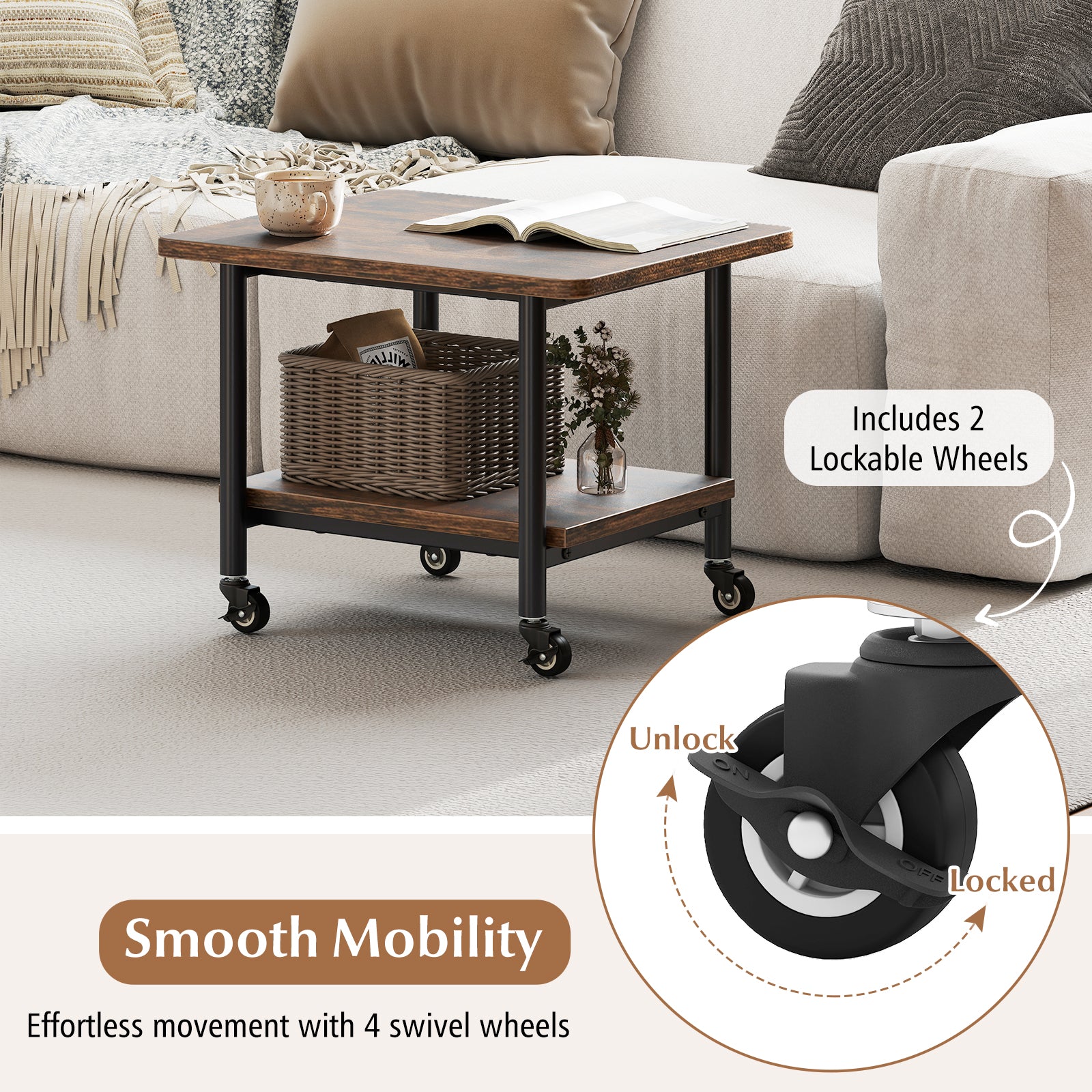 Under Desk Printer Stand with 360° Swivel Casters-Brown